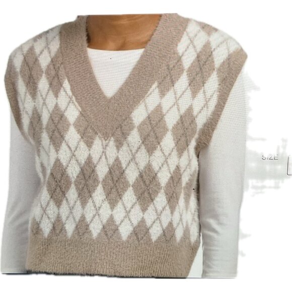 NWT WilliamRast Women's Tan and White Diamond  V-Neck Sweater Vest  Size: Small - Picture 1 of 10